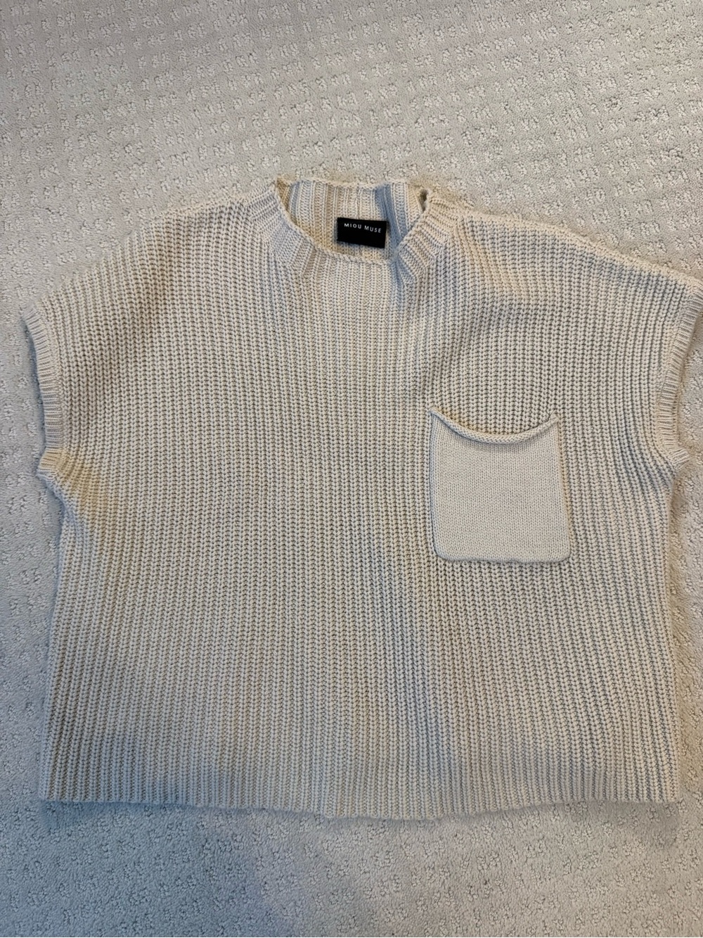 Miu Miu Cream Rib-Knit Short-Sleeve Crewneck Sweater with Pocket
